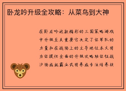 卧龙吟升级全攻略：从菜鸟到大神