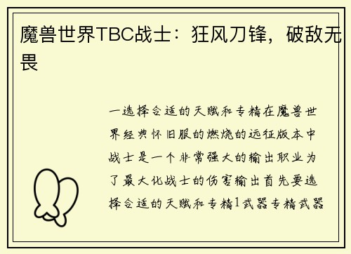 魔兽世界TBC战士：狂风刀锋，破敌无畏