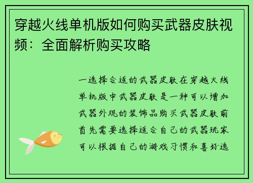 穿越火线单机版如何购买武器皮肤视频：全面解析购买攻略