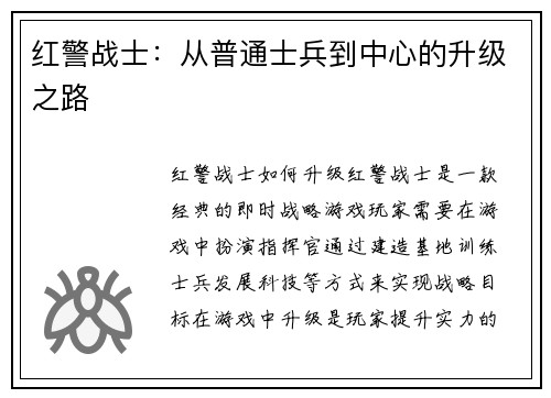 红警战士：从普通士兵到中心的升级之路