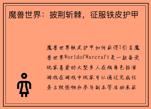 魔兽世界：披荆斩棘，征服铁皮护甲